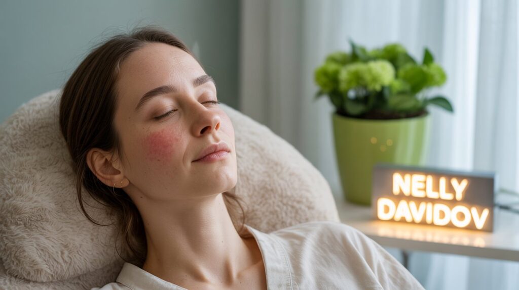 Treatment for red facial skin, a woman lies on a bed in a clinic with a pleasant and bright atmosphere, in the background there is a green flower pot and a small neon sign that says Nelly Davidov